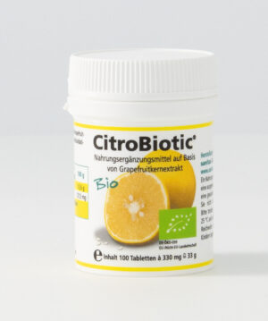Ein weißer CITROBIOTIC GRAPEFR KERN TBL-Behälter mit Grapefruitextrakt, auf dessen Etikett eine Grapefruitscheibe abgebildet ist. Enthält 100 Tabletten.