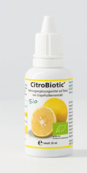 Flasche CITROBIOTIC GRAPEFR KERN LSG, ein 20 ml Nahrungsergänzungsmittel auf Basis von Grapefruitextrakt mit Bio-Zertifizierung.