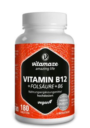 Eine Flasche VIT B12 TBL 1000MCG +B9 +B6, vegan und Premiumqualität, mit 180 Tabletten für einen Sechsmonatsvorrat.