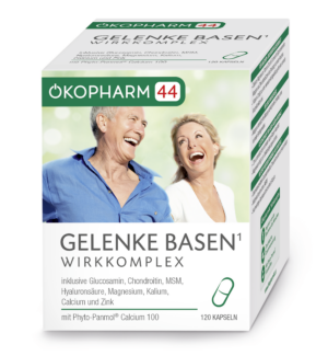 Schachtel OEKOPH GELENK-BASE KOMPL KPS Kapseln mit einem lächelnden Mann und einer lächelnden Frau, mit 120 Kapseln inklusive Inhaltsstoffen wie Glucosamin und MSM.