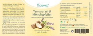 Etikett der Flasche mit dem Vitaminpräparat YAMSWURZEL KPS +MOENCHS FLO mit Angaben zu Inhaltsstoffen, Dosierung und Nährwertangaben. Mit Floramed-Logo und Bildern von Yamswurzel und Mönchspfeffer.