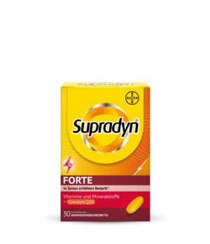 Schachtel SUPRADYN FTE FILMTBL Nahrungsergänzungsmittel mit Vitaminen, Mineralstoffen und Coenzym Q10, inklusive 30 Filmtabletten.