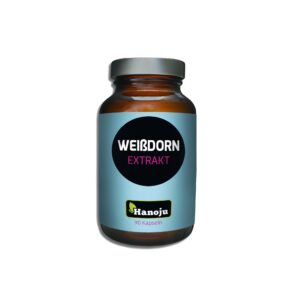 Ein braunes Glas mit der Aufschrift „WEISSDORN KPS 450MG EXTR“ mit blauem Etikett und schwarzem Kreis enthält 90 Kapseln von Hanoju.