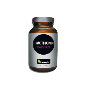 Braune Flasche mit der Aufschrift „METHIONIN KPS 400MG HANOJU“ in schwarz-weißem Design, enthält 90 Kapseln.