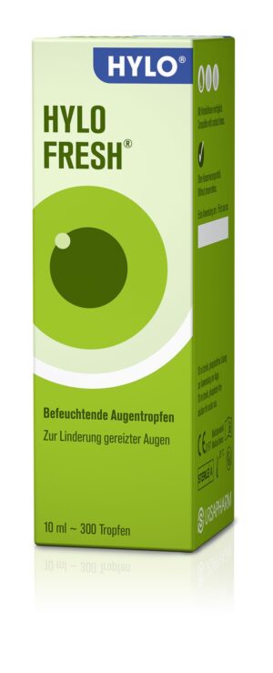 HYLO-FRESH AU-TR feuchtigkeitsspendende Augentropfen in einer grün-weißen 10-ml-Box mit deutschem Text zur Beruhigung gereizter Augen.