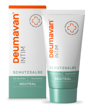Tube und Dose DEUMAVAN SCHUTZSLB NEUTR TB, beschrieben als hormonfrei und für beide Geschlechter geeignet.