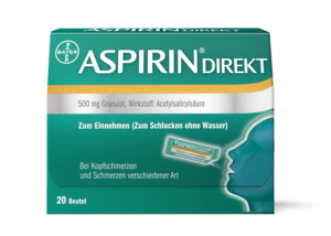 Eine Packung ASPIRIN DIREKT GRAN 500MG enthält 20 Beutel mit Acetylsalicylsäure-Granulat zur oralen Einnahme ohne Wasser; der deutsche Text empfiehlt es bei Kopfschmerzen und verschiedenen Schmerzen.