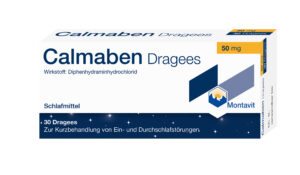 Schachtel CALMABEN DRG, Einschlafhilfe mit 30 Dragees mit je 50 mg Diphenhydraminhydrochlorid, zur kurzfristigen Behandlung von Schlafstörungen.