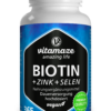 Die vegane Flasche Vitamaze BIOTIN TBL 10MG +ZINK +SELEN enthält 365 Tabletten für eine einjährige Nahrungsergänzung.