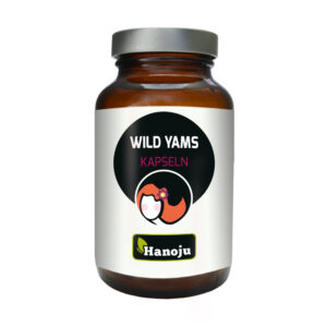 Ein Glas mit Wild Yams KPS 500 mg HAN-Kapseln mit einem beschrifteten Design und dem Hanoju-Logo.