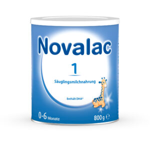 Eine Dose NOVALAC 1 Säuglingsmilchnahrung, 800 g, geeignet für Kinder im Alter von 0–6 Monaten, mit einem blau-weißen Design mit einer Giraffenillustration.