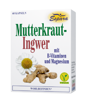 Schachtel MUTTERKRAUT-INGWER KPS-Kapseln, mit Kamille und Ingwer mit B-Vitaminen und Magnesium, veganes Label unten rechts.
