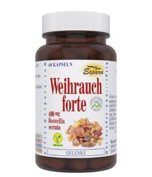 Eine Flasche WEIHRAUCH KPS FTE Kapseln enthält 400 mg Boswellia serrata. Sie ist als vegan gekennzeichnet und bietet 60 Kapseln zur Gelenkunterstützung.