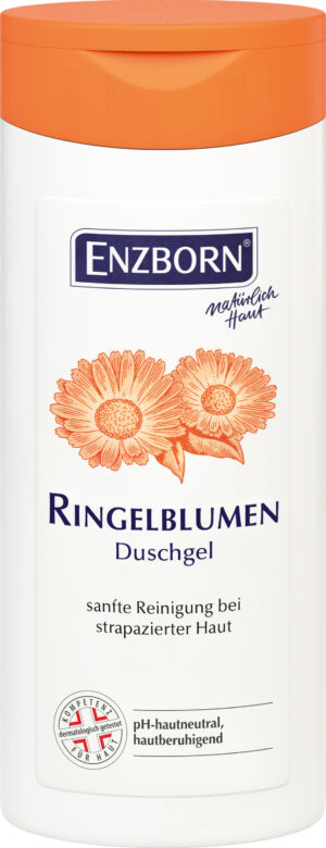 ENZBORN RINGELBL DUGEL ist in einer mit Ringelblumen-Illustrationen verzierten Flasche erhältlich und ist für die sanfte Reinigung empfindlicher Haut formuliert.