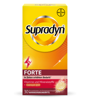 SUPRADYN FTE BRTBL-Box mit deutschem Etikett und 30 Brausetabletten mit Orangengeschmack und Coenzym Q10.