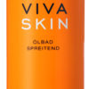 Eine Flasche VIVA SKIN OELBAD SPREIT hat ein orangefarbenes Etikett und eine weiße Pumpe. Sie enthält Wiesenschaumkraut, das zur Pflege trockener Haut und zur Linderung von Neurodermitis entwickelt wurde.