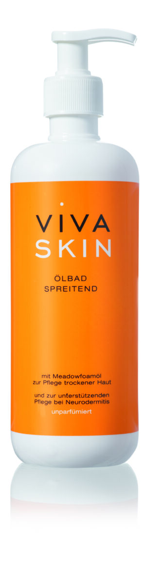 Eine Flasche VIVA SKIN OELBAD SPREIT hat ein orangefarbenes Etikett und eine weiße Pumpe. Sie enthält Wiesenschaumkraut, das zur Pflege trockener Haut und zur Linderung von Neurodermitis entwickelt wurde.