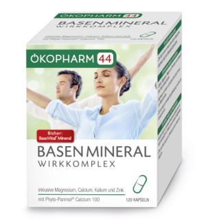 Auf einer Schachtel OEKOPH BASOVITAL MIN KPS ist eine meditierende Frau abgebildet und es fördert den Mineralstoffhaushalt mit Magnesium, Kalzium, Kalium und Zink.