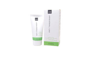 Eine Tube und Schachtel PH-ANTITRANSP CR mit hellgrünem und weißem Design.