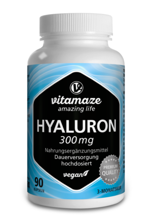 Eine Flasche HYALURONSAEURE KPS 300MG VEG-Nahrungsergänzung, mit 90 veganen Kapseln in Premiumqualität.