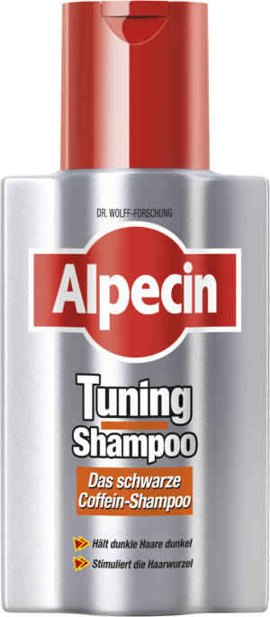 Die SH.ALPECIN TUNING-Shampooflasche mit roter Kappe betont die Vorteile von Koffein für die Pflege dunklen Haares.