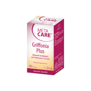 Schachtel META CARE KPS GRIFFONIA PLUS, enthält 60 Kapseln mit Rosenwurzextrakt, gekennzeichnet als Nahrungsergänzungsmittel.