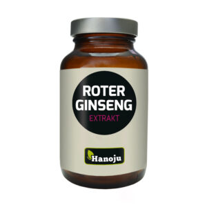 Ein braunes Glas mit einem weißen Etikett mit der Aufschrift „ROTER GINSENG KPS 400MG“ und dem „Hanoju“-Logo.