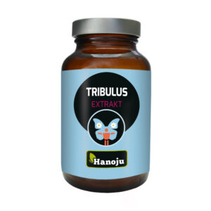 Braune Flasche mit der Aufschrift „TRIBULUS TBL EXTR 400MG“ und dem Markenlogo „Hanoju“, darüber ein blaues Etikett mit stilisiertem Pflanzendesign.