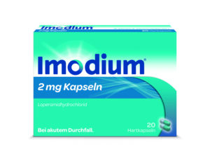 Eine Packung IMODIUM KPS, 2 mg Kapseln, enthält 20 Kapseln. Die Verpackung ist grün und blau und mit der Aufschrift „Behandlung von akutem Durchfall“ gekennzeichnet.