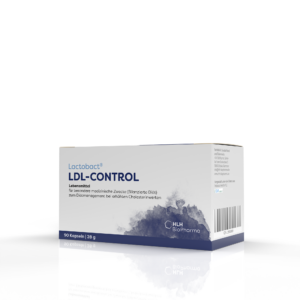 Eine Schachtel LACTOBACT KPS HLH LDL-CONTR Nahrungsergänzungsmittel mit 90 Kapseln. Sie ist überwiegend weiß mit blauem Text und enthält Produkt- und Firmendetails.