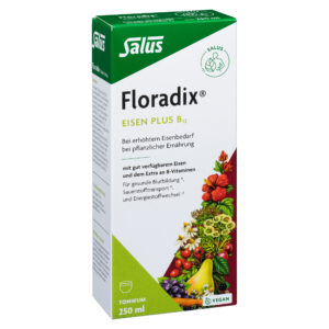 Die FLORADIX EISEN+B12 TONIK-Dose zeigt ein grün-weißes Design mit farbenfrohen Obst- und Gemüseillustrationen. Sie enthält 250 ml veganen Inhalt, fördert Eisen und B-Vitamine und hat einen deutschen Text.