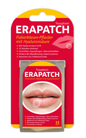 Die Verpackung des „ERAPATCH FIEBERBLASEN Pflasters“ mit Hyaluronsäure enthält ein Lippenbild und Produktinformationen in deutscher Sprache.