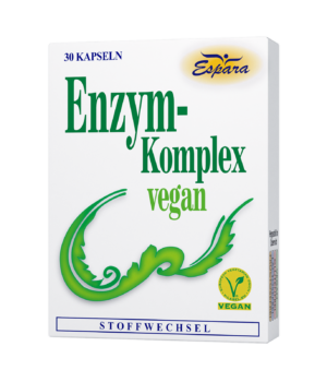 Schachtel „ENZYM KOMPL KPS VEGAN“-Kapseln von Espara mit veganem Etikett und grünem Dekor.