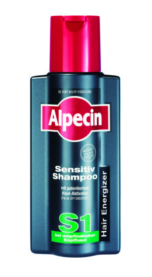 Abbildung einer dunklen Flasche SH.ALPECIN ENERG.SENS S1 mit rotem Verschluss. Auf dem Etikett steht „Hair Energizer“ und betont die Eignung des Produkts für empfindliche Kopfhaut.