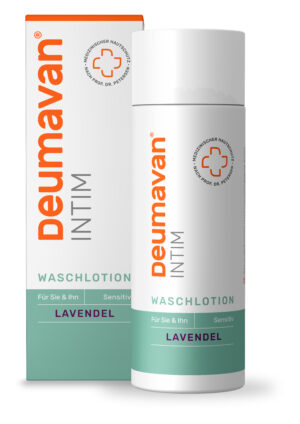 Flasche und Schachtel DEUMAVAN WASCHLOT LAV FL für empfindliche Haut, mit grünen und orangen Akzenten.