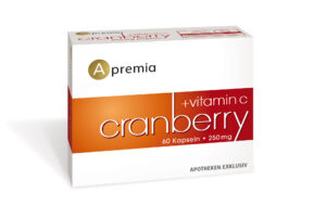 APREMIA CRANBERRY+VIT C KPS, 60 Kapseln à 250 mg, versehen mit einem „APOTHEKEN EXKLUSIV“-Etikett im rot-orangefarbenen Design.