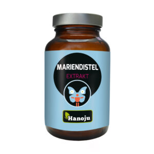 Eine braune Flasche mit der Aufschrift „MARIEND KPS 200MG EXTR“ von Hanoju, mit einem künstlerischen Design mit einer Mariendistelpflanze.