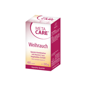 META CARE WEIHRAUCH KPS Nahrungsergänzungsmittel, mit Vitamin C und Hagebuttenextrakt, beinhaltet 60 Kapseln und wiegt insgesamt 30g.