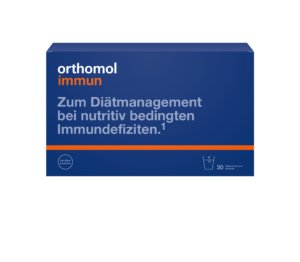Eine blaue Schachtel ORTHOMOL IMM.GRAN-Nahrungsergänzungsmittel, die zur diätetischen Behandlung ernährungsbedingter Immundefizienz entwickelt wurden, enthält 30 Portionen.