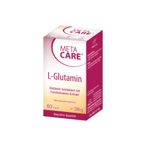 META CARE L-GLUTAMIN KPS 500 Box mit 60 Kapseln, mit deutschem Text zur Kombination von Glutamin mit Fenchelsamenextrakt.