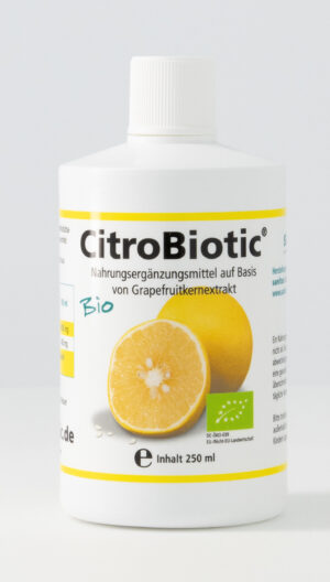 Eine 250 ml Flasche CITROBIOTIC GRAPEFR KERN LSG zeigt das Bild einer geschnittenen Zitrone. Auf dem Etikett steht, dass es sich um ein Nahrungsergänzungsmittel mit Grapefruitkernextrakt handelt.