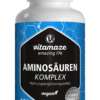 Eine weiße Flasche mit der Aufschrift „AMINOSAEUREN KOMPL TBL VEGAN“ beinhaltet 120 Tabletten zur veganen Nahrungsergänzung in Premiumqualität im blau-schwarzen Design.