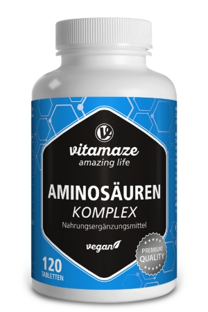 Eine weiße Flasche mit der Aufschrift „AMINOSAEUREN KOMPL TBL VEGAN“ beinhaltet 120 Tabletten zur veganen Nahrungsergänzung in Premiumqualität im blau-schwarzen Design.