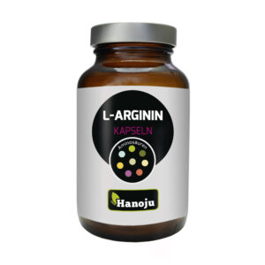 Dunkelbraune Flasche mit der Aufschrift „L-ARGININ KPS 400MG HANOJU“ enthält Aminosäurekapseln.
