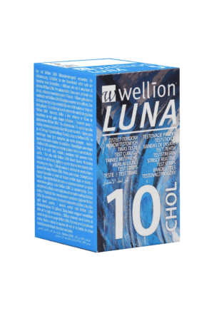 Eine Wellion Luna Cholesterin-Teststreifenbox, „WELLION LUNA T.STR CHOLESTER“, in Blau und Grau, mit der Aufschrift „10 CHOL“, mit mehrsprachigem Text und Markenlogo.