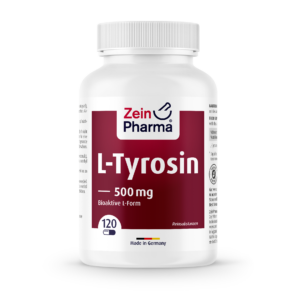 Eine Flasche L-TYROSIN KPS 500MG ZEINPH. von Zein Pharma enthält 120 Kapseln, mit bioaktiver L-Form, hergestellt in Deutschland.