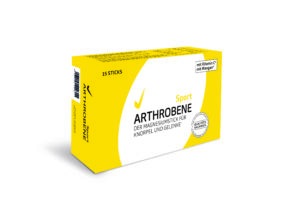 Gelb-weiße Schachtel ARTHROBENE SPORT MAGN STI mit deutschem Text „Der Magnesiumstick für Knorpel und Gelenke“ und „mit Vitamin C und Mangan“, enthält 15 Sticks.