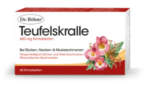 Eine Schachtel DR.BÖHM TEUFELSKRALLE FTBL mit 60 Filmtabletten, mit rosa Blumen auf der Verpackung.