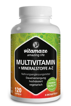 Eine Flasche MULTIVIT KPS VITAMAZE mit 120 vegetarischen Kapseln für einen 4-Monats-Vorrat bietet Premiumqualität in einer Verpackung mit grünen Blattakzenten.