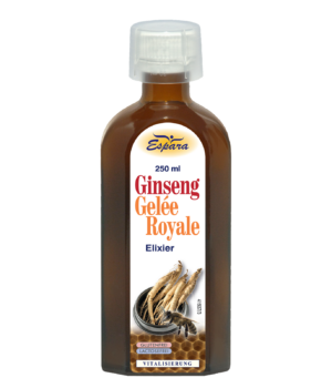 Eine 250 ml Flasche GINSENG GEL ROYALE ELIXIER ist als glutenfrei und laktosefrei gekennzeichnet.